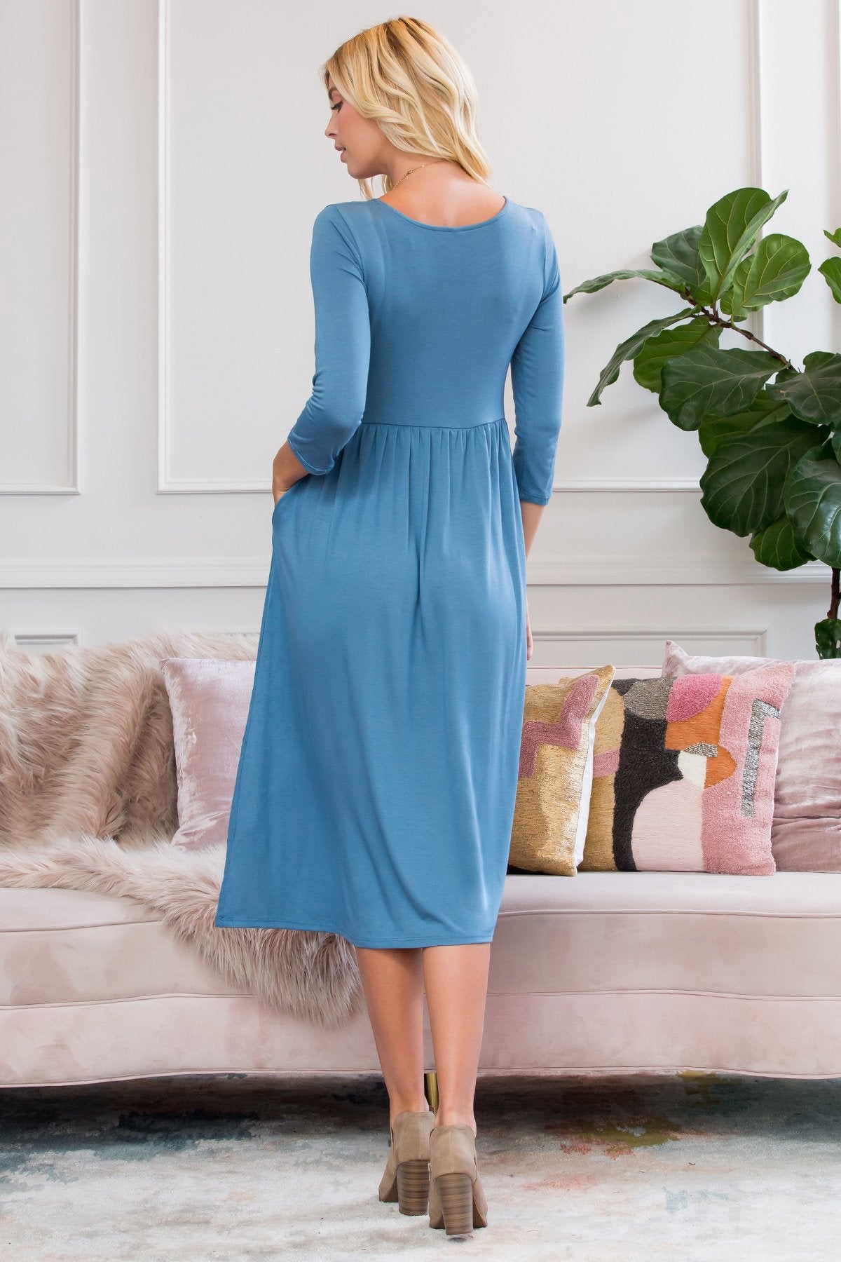 Viscose 3/4 Sleeve Round Neck Waist Shirring Dress