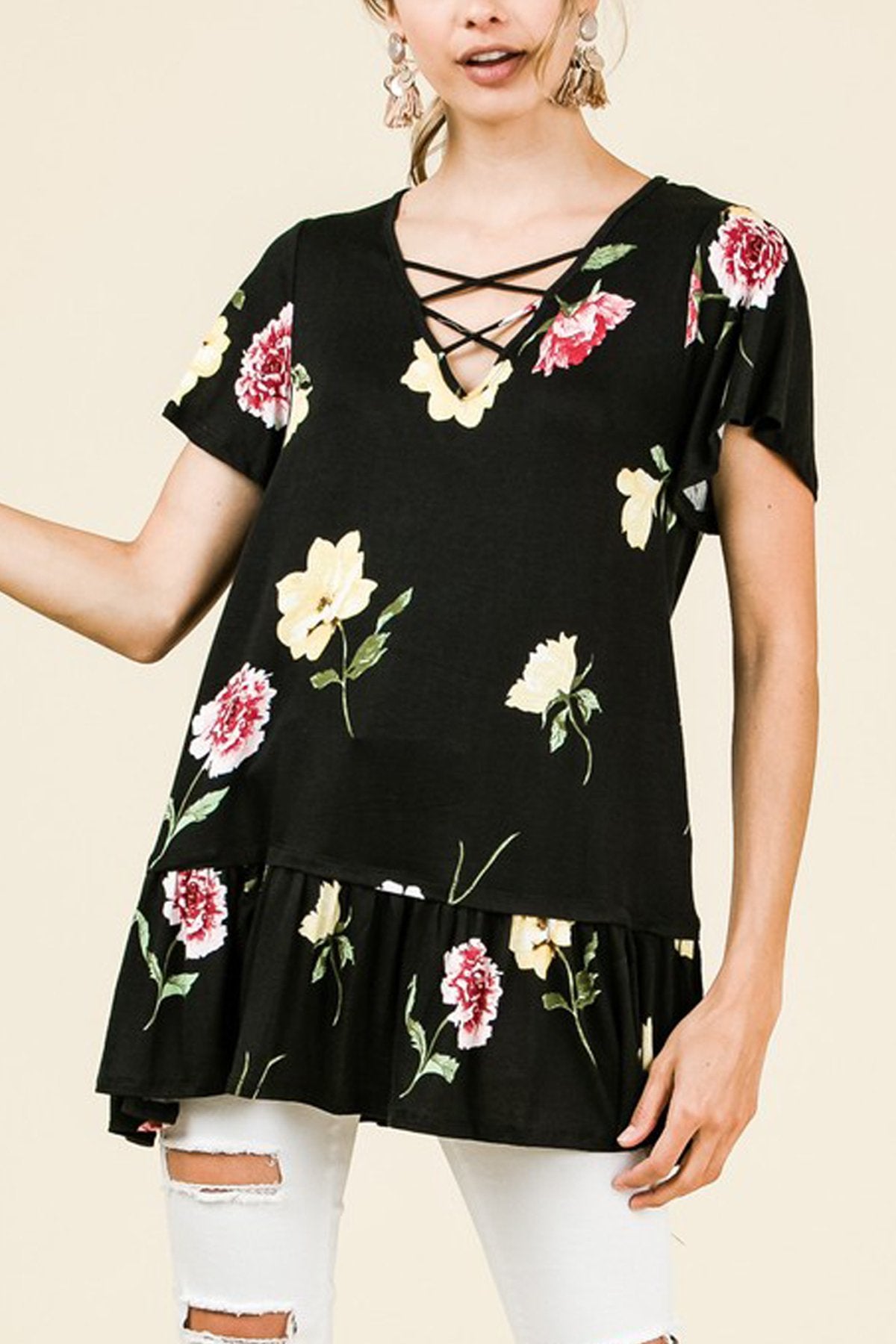 Short Sleeve V-Neck Floral Print Top
