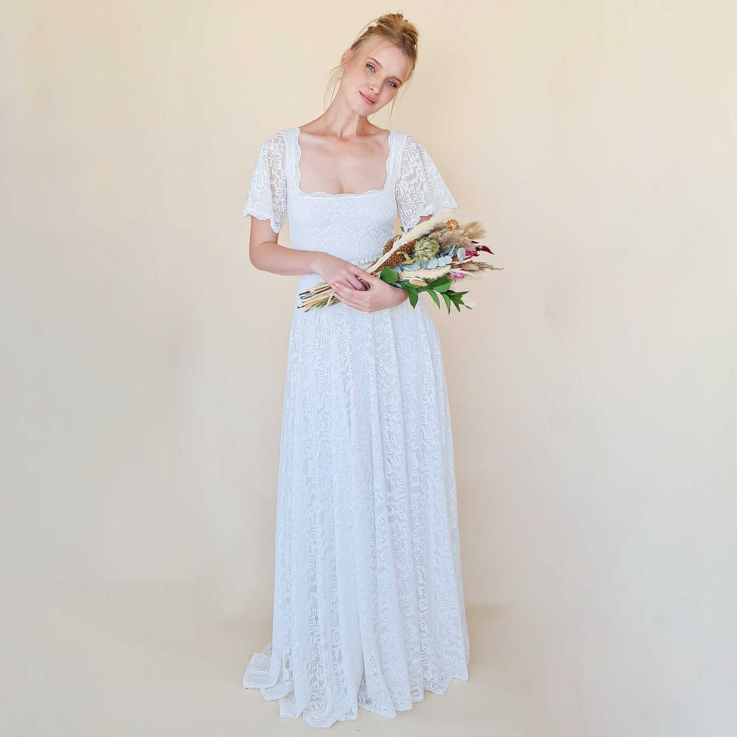 Ivory Square Neckline, Bohemian Butterfly Sleeves Dress #1322
