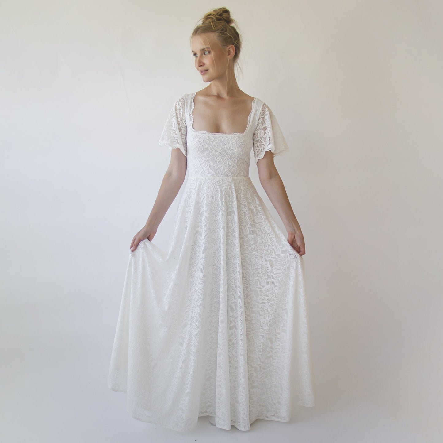 Ivory Square Neckline, Bohemian Butterfly Sleeves Dress #1322