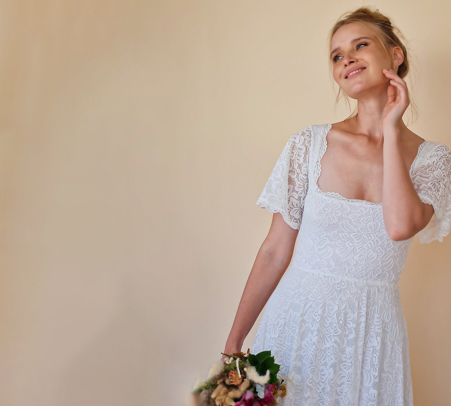Ivory Square Neckline, Bohemian Butterfly Sleeves Dress #1322