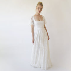Ivory Square Neckline, Bohemian Butterfly Sleeves Dress #1322