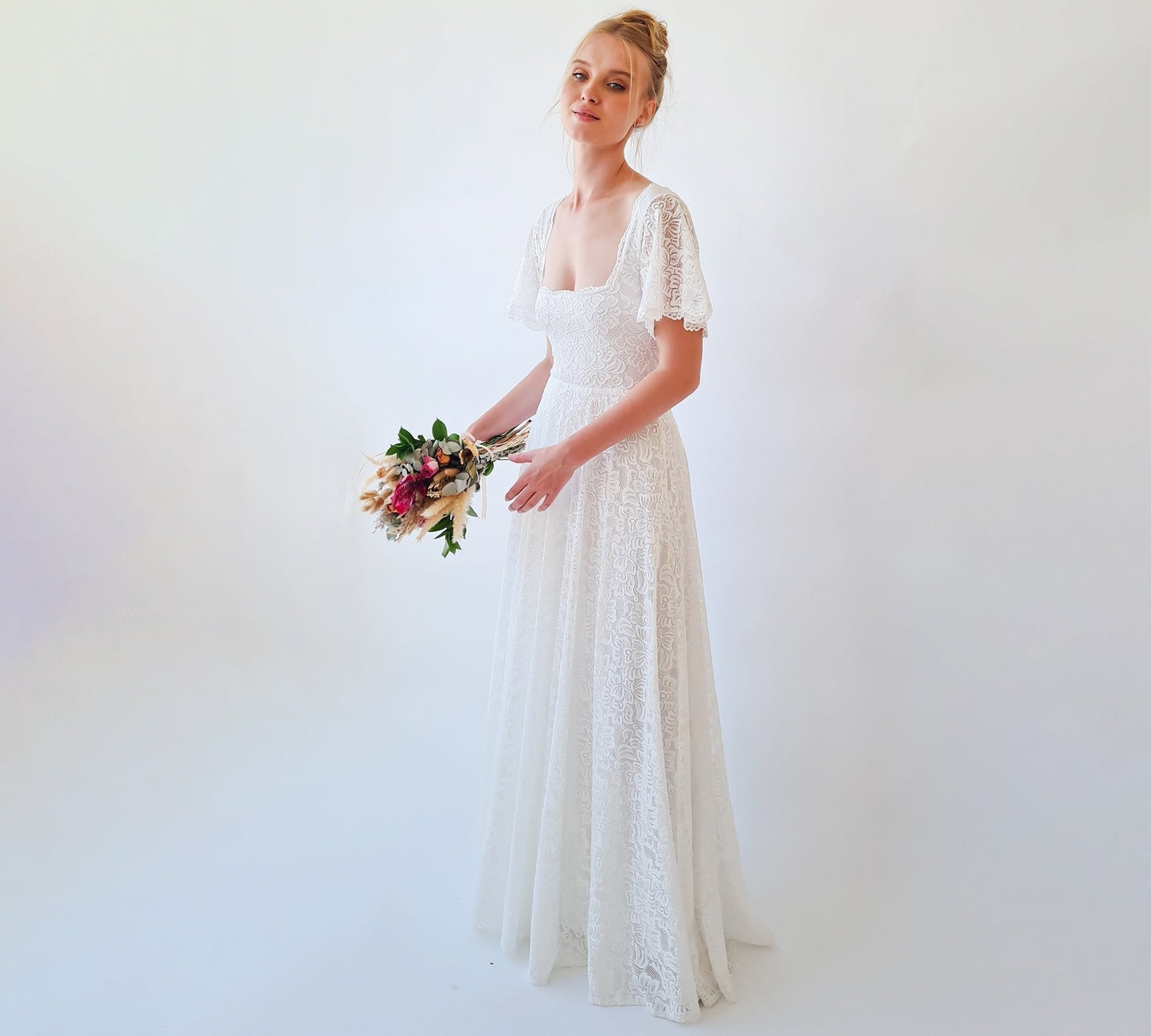 Ivory Square Neckline, Bohemian Butterfly Sleeves Dress #1322