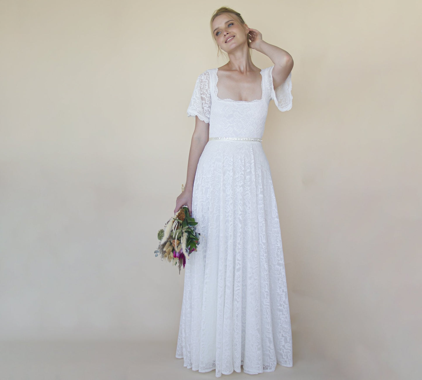 Ivory Square Neckline, Bohemian Butterfly Sleeves Dress #1322