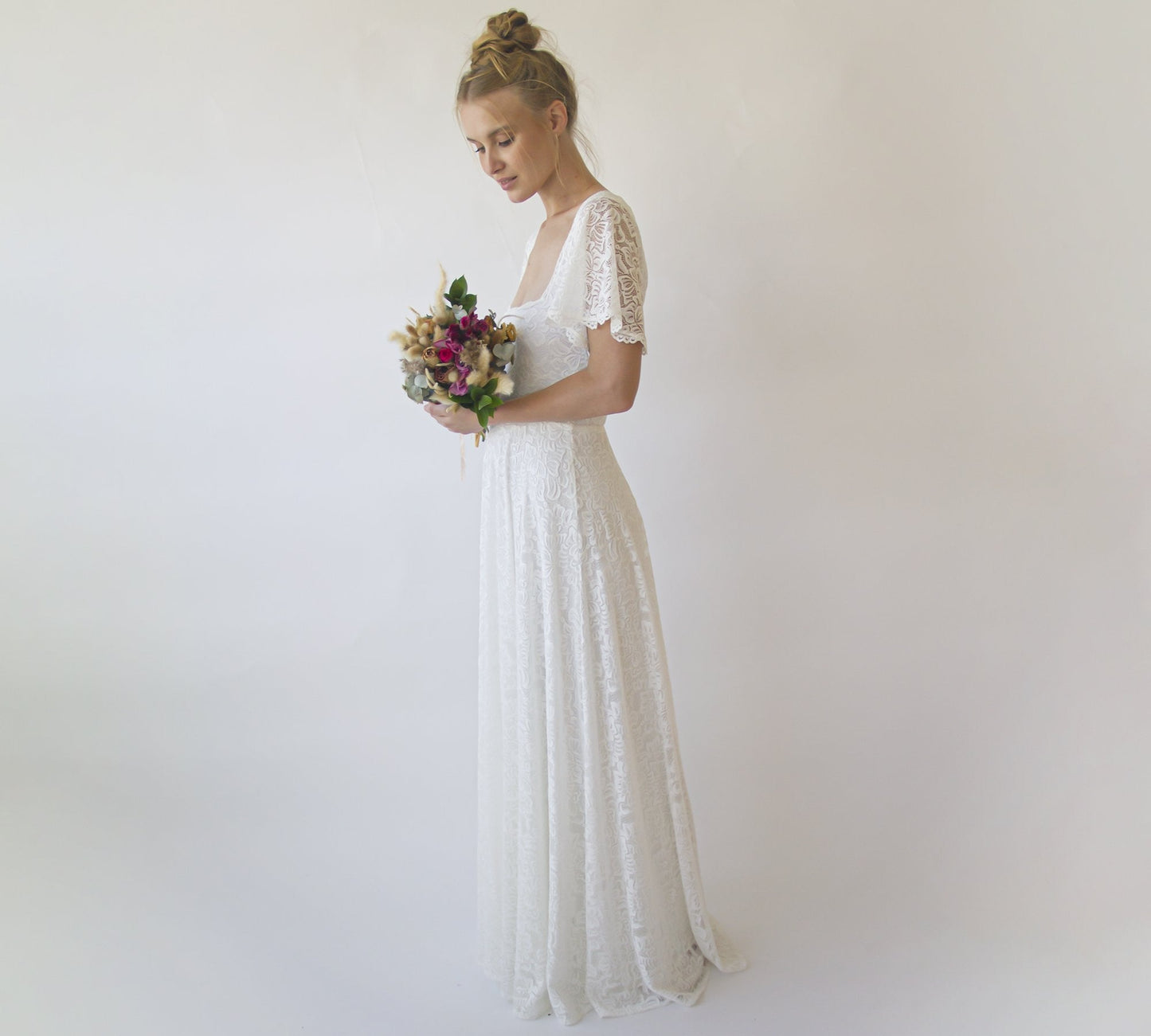 Ivory Square Neckline, Bohemian Butterfly Sleeves Dress #1322