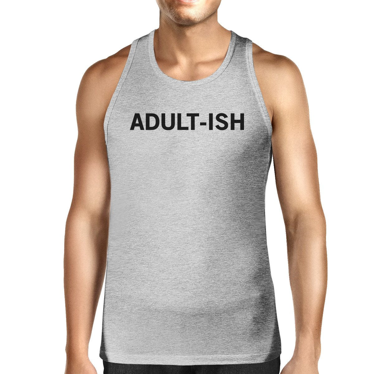 Adult-Ish Mens Heather Grey Sleeveless Trendy Typography Tank Top
