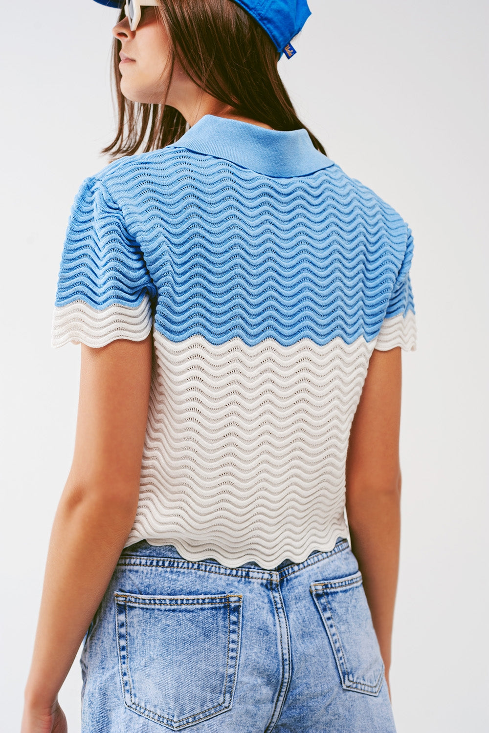 Knitted Colour Block Cropped Polo in Blue
