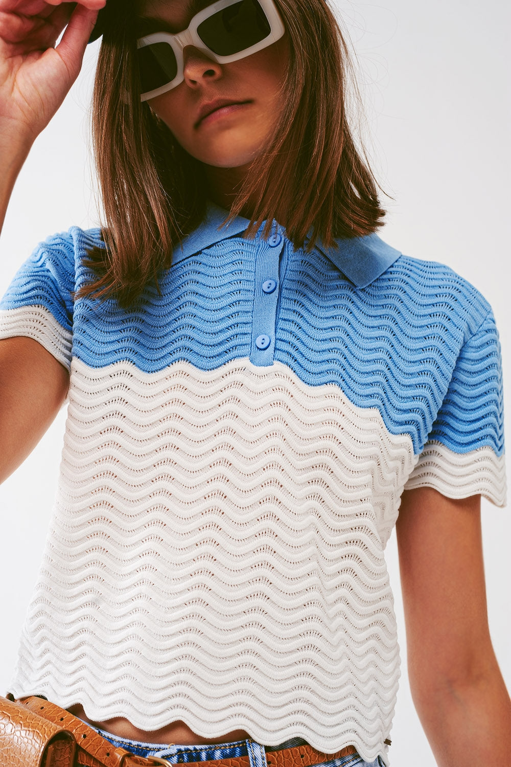 Knitted Colour Block Cropped Polo in Blue