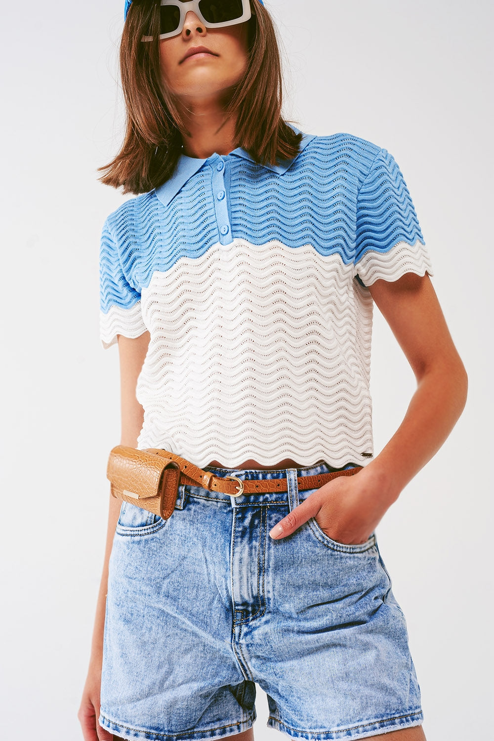 Knitted Colour Block Cropped Polo in Blue