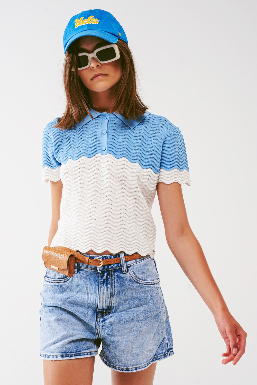 Knitted Colour Block Cropped Polo in Blue