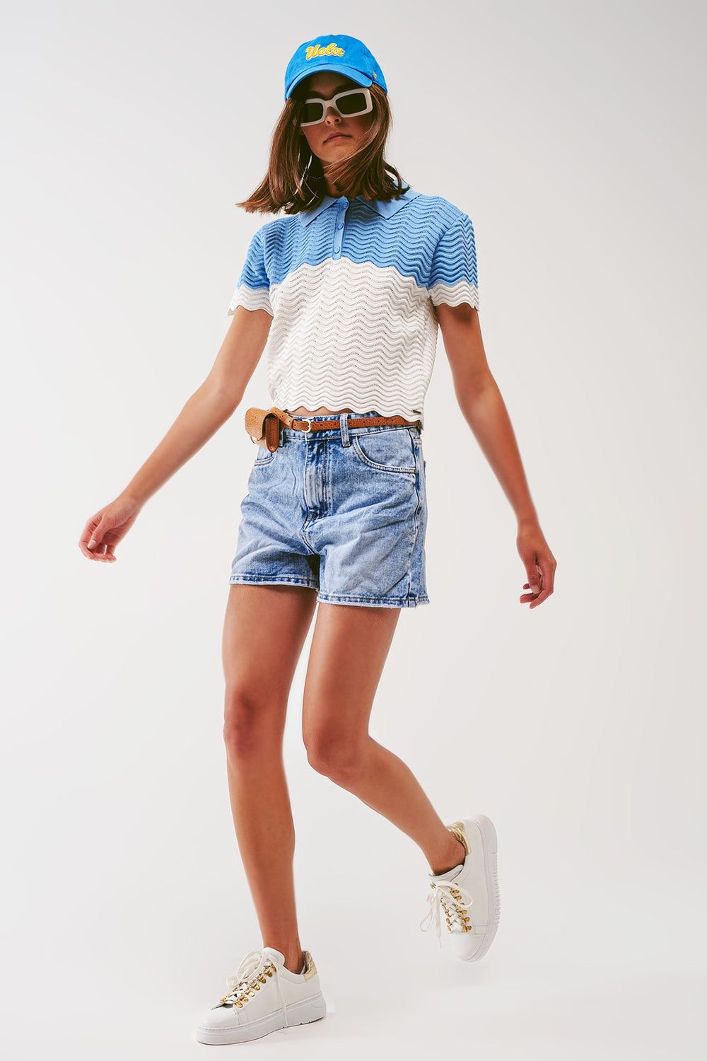 Knitted Colour Block Cropped Polo in Blue