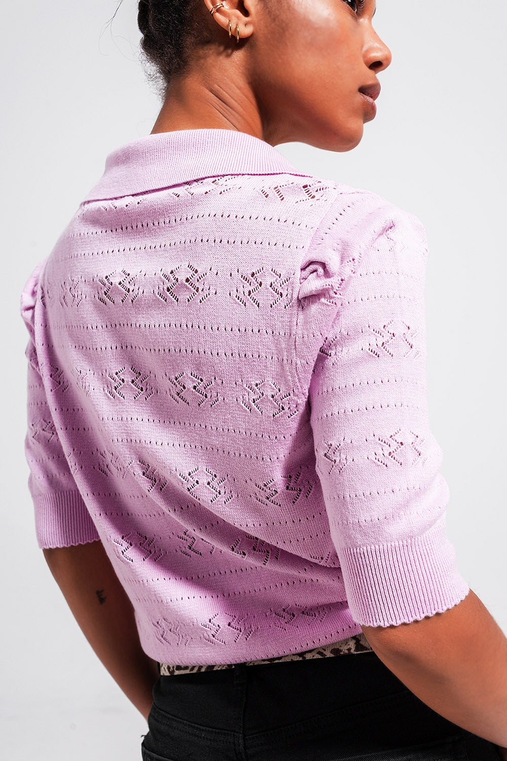 Knitted Pointelle Polo Neck Jumper in Pink