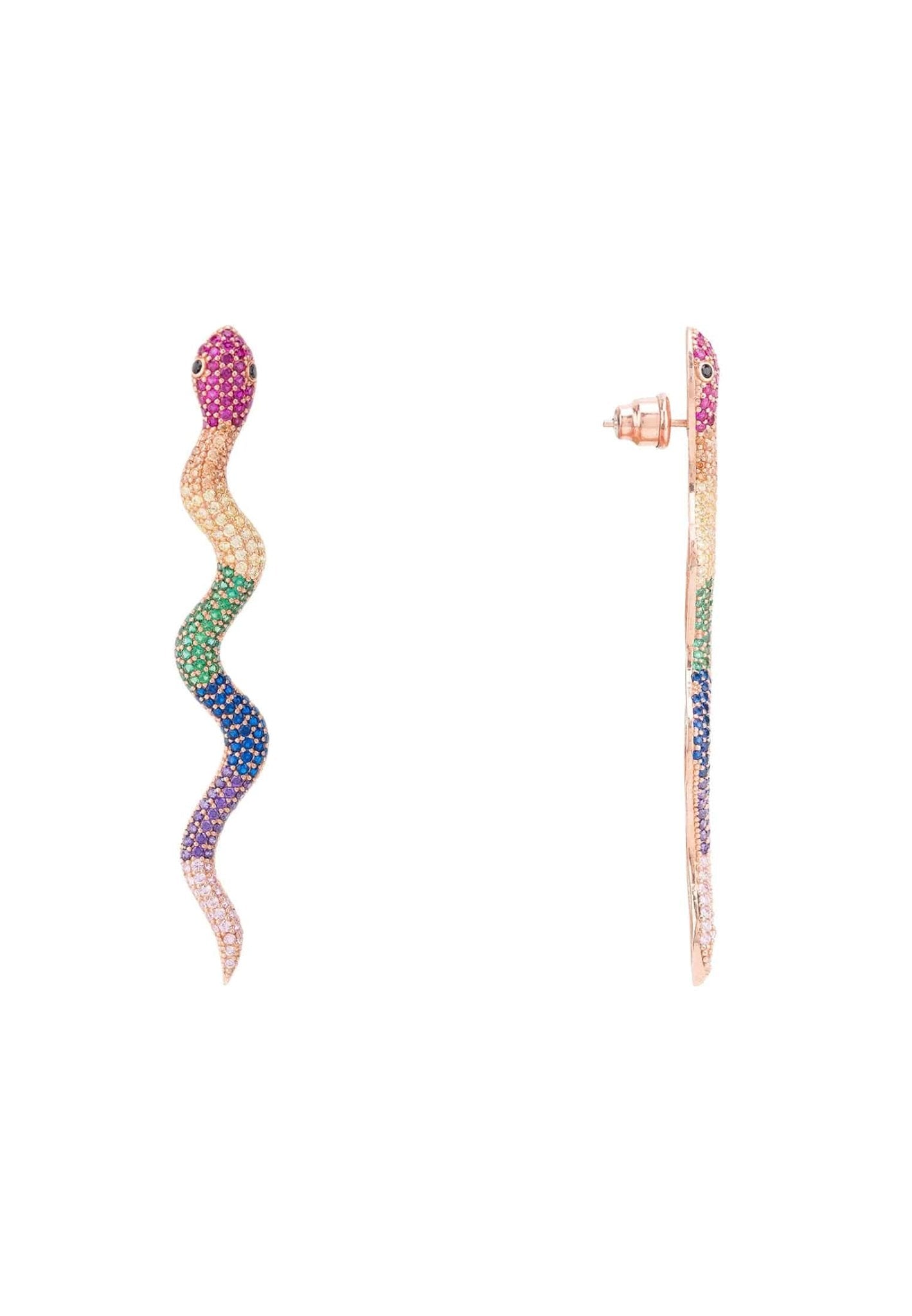 Medusa Long Serpent Stud Earrings Rainbow Rosegold
