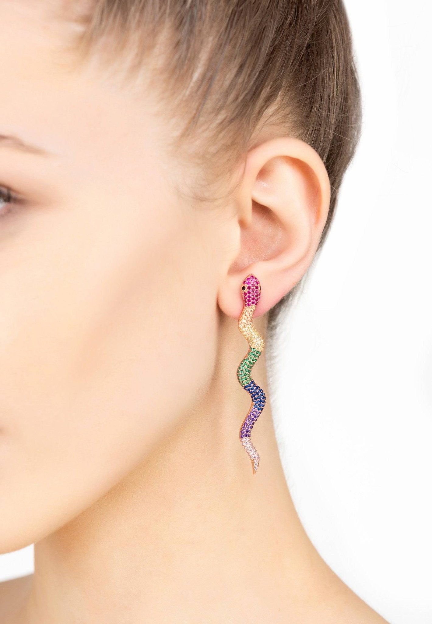 Medusa Long Serpent Stud Earrings Rainbow Rosegold