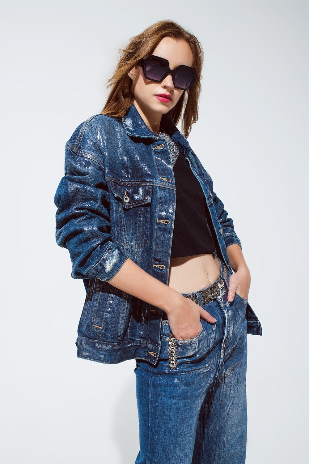 Oversized Denim Jacket With Silver Metallic Finished