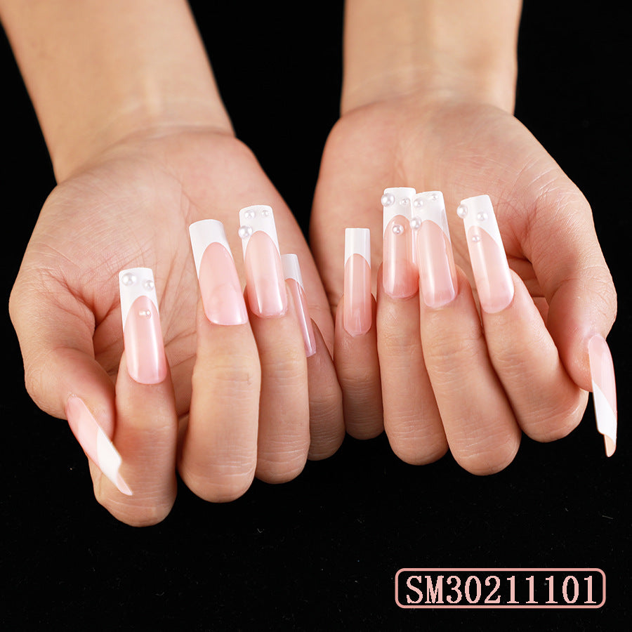 Nail Beauty Products Nude Long French Crystal Design Press on Nails With Pearl